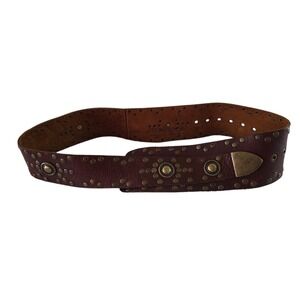 Womens Vintage Wide Leather Belt Leatherock USA 80s 90s Size 34 Brown Brass Stud